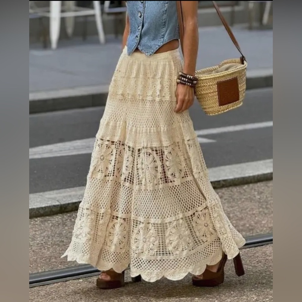 Boho Crochet Maxi Skirt in Cream